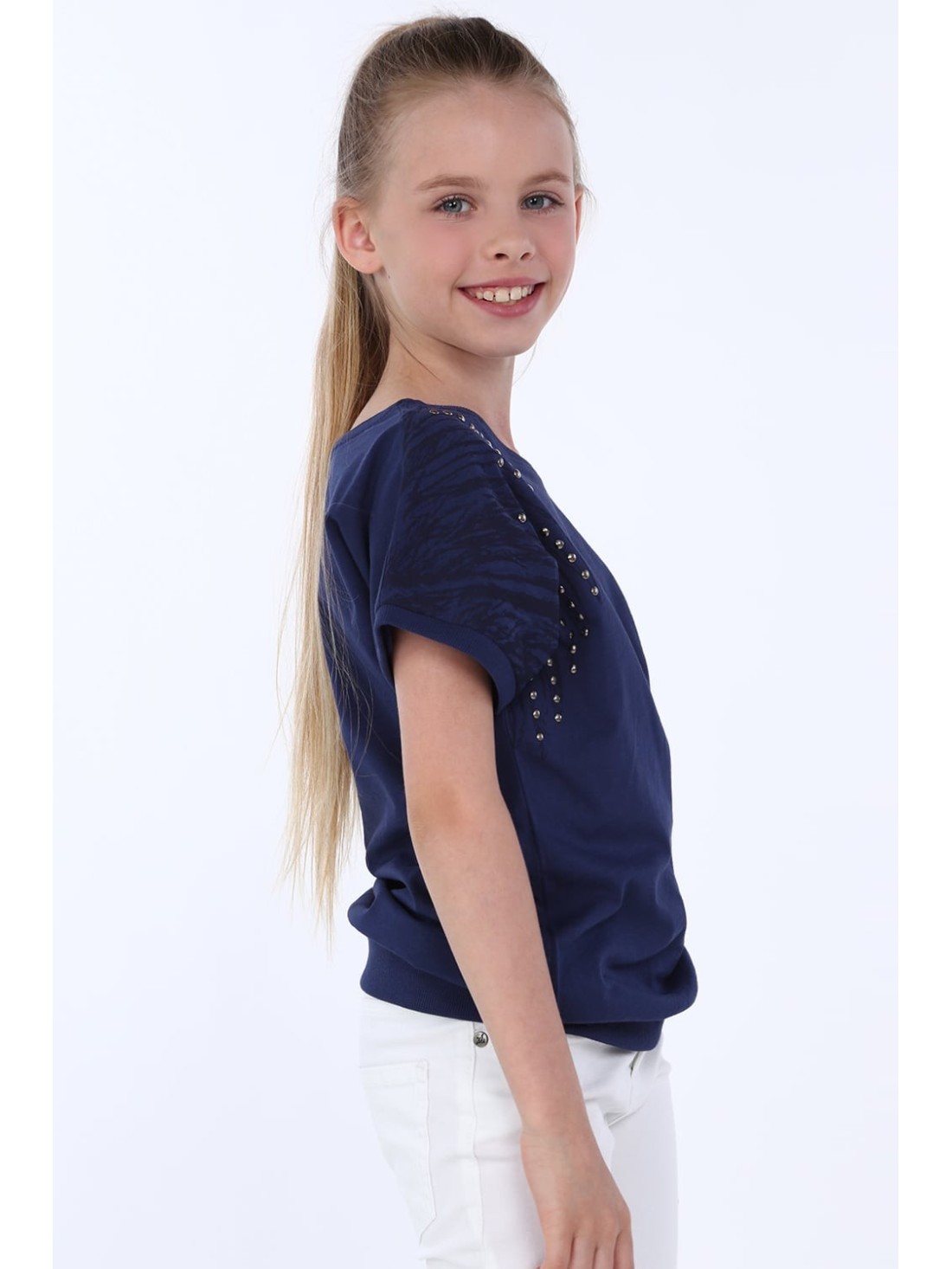 Girls\' blouse with round studs, navy blue NDZ8282 - Online store - Boutique